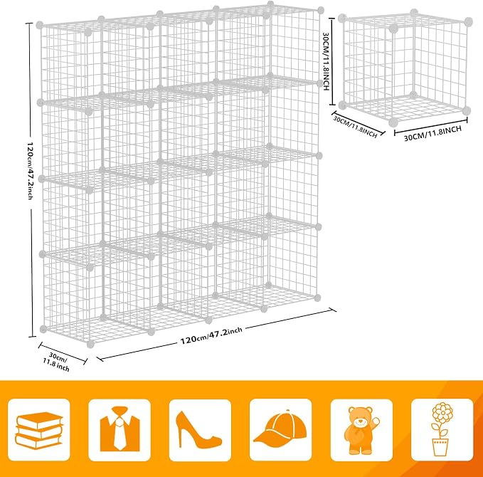 HUBSON Wire Cube Storage Organizer, Book/Toy/Craft/Potted Plants and Pet Closet Organizers, 16-Cube Freely Combinable Metal Grid Storage Shelf, White Iron