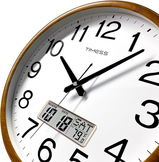 TIMESS Wall Clock, Classic Wood Style Finish, 13 Inch Non-Ticking Silent Battery Operated Quartz Analog with Perpetual Calendar and F° Temperature Display, Home, Office Décor (Chestnut Yellow)