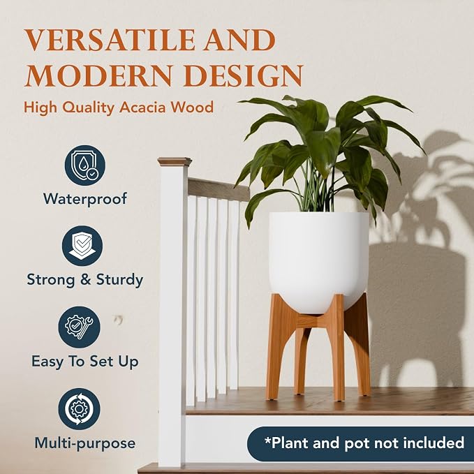 KUTE NEST 13" H x 14.8" W Acacia Solid Wood Plant Stand, Mid Century Plant Holder for Outdoor & Indoor Use, Ideal for Corso & Arco Planter, Walnut Finish for Modern Home (Walnut, High - Small)
