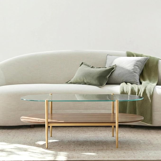 AGV LIGHTING Oval Rectangle Coffee Table with Clear Glass Top, Mid-Century Modern Coffee Table, Walnut MDF Shelf and Glod Metal Legs, Capsule Shape 2 Tier Coffee Table for Living Room, 42 Inch