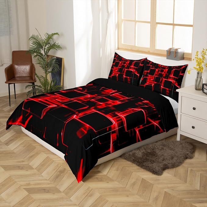 Erosebridal Fire Red and Black Kids Duvet Cover King, Modern Geometric Square Bedding for Boys Girls Gradient Neon Light Honeycomb Bed Set Soft Microfiber Bed Cover with 2 Pillowcases