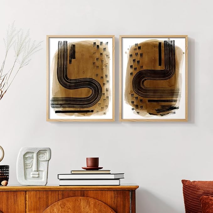 Renditions Gallery Set of 2 Peel & Stick Framed Prints, Abstract Wall Art, Hand Drawn Ink Curves Wall Decor, Re-Stickable - Ready to Hang - 8"x10" - NATURAL WOOD Frame LT588