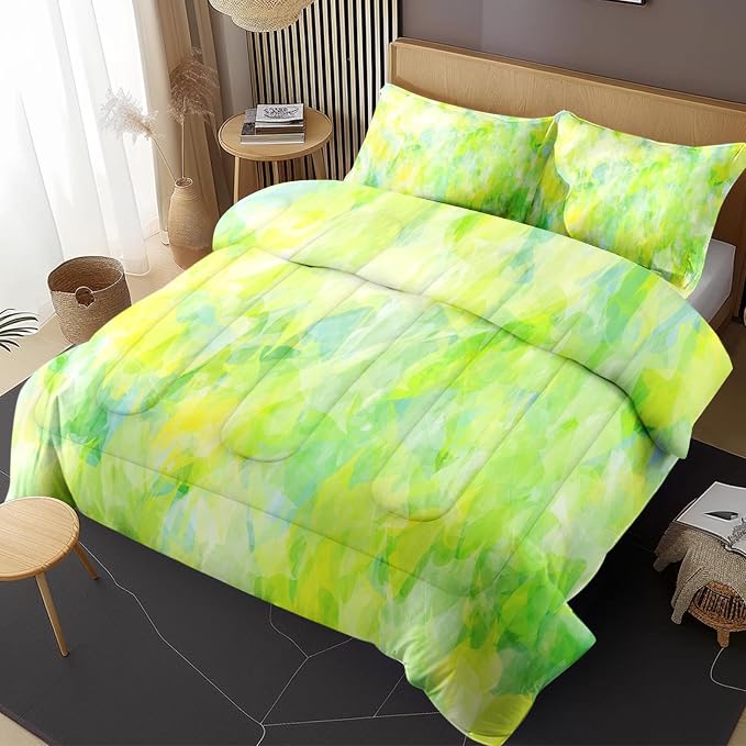 Comforter Set with Pillowcase Twin Size, Modern Cool Lime Green Abstract, Bed Decor Cold Light Citrus Wave Space for Kids and Adults, Soft Cozy Bedroom Bedding Set