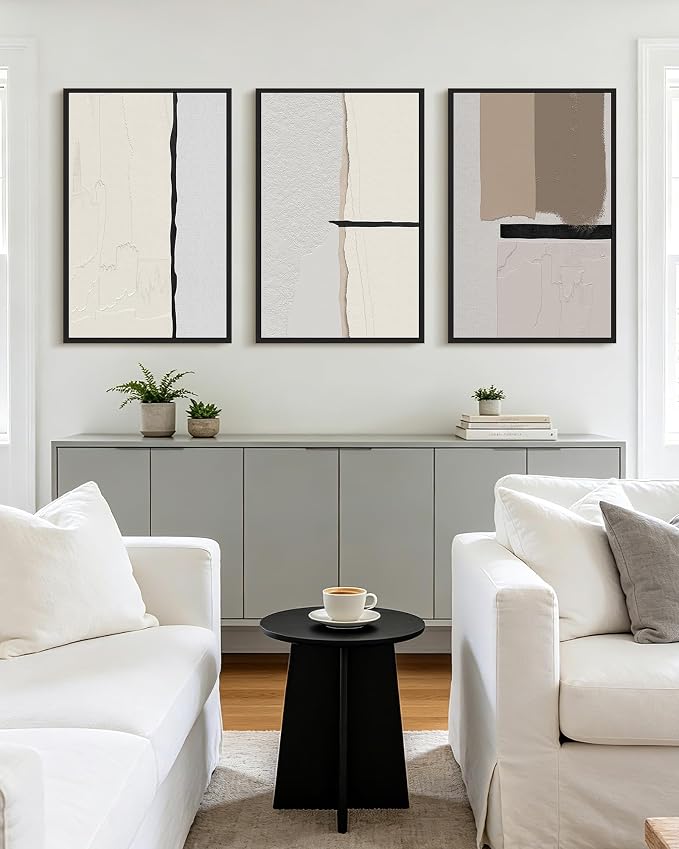 KUVIOKE Neutral Abstract Framed Wall Art Beige Mid Century Textured Wall Decor Minimalist Modern Illustrations Art Print Home Decor 24x36in (Black Framed)