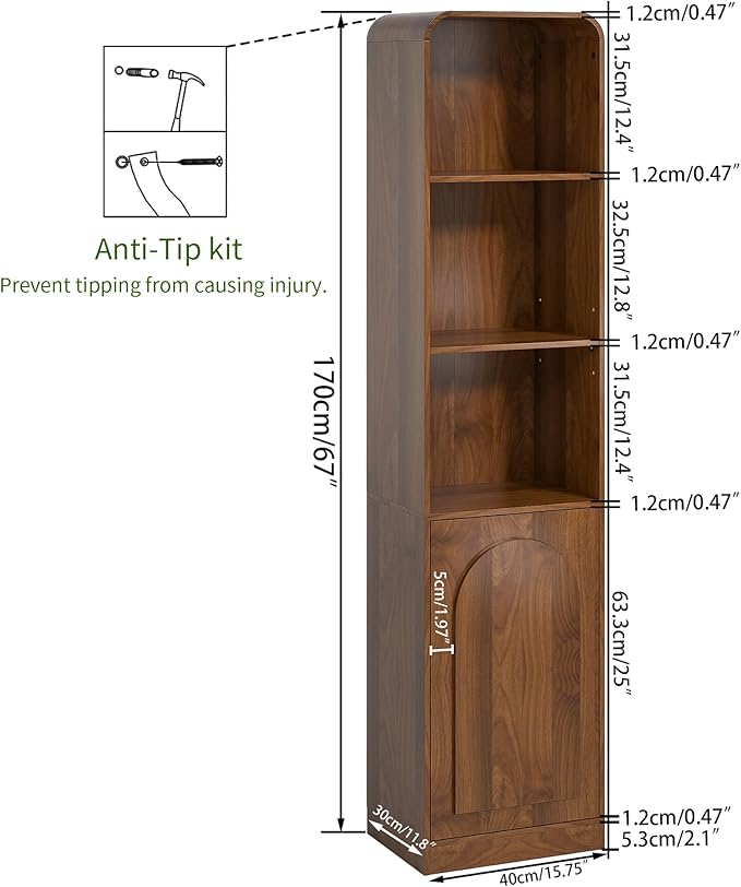 Tall Narrow Storage Cabinet with Arched Door, Slim Bathroom Cabinet with 5 Tier Shelves, Wood Mid Century Modern Display Cabinet for Living Room, Kitchen, Walnut, Adjustable Shelf, Wooden, Thin