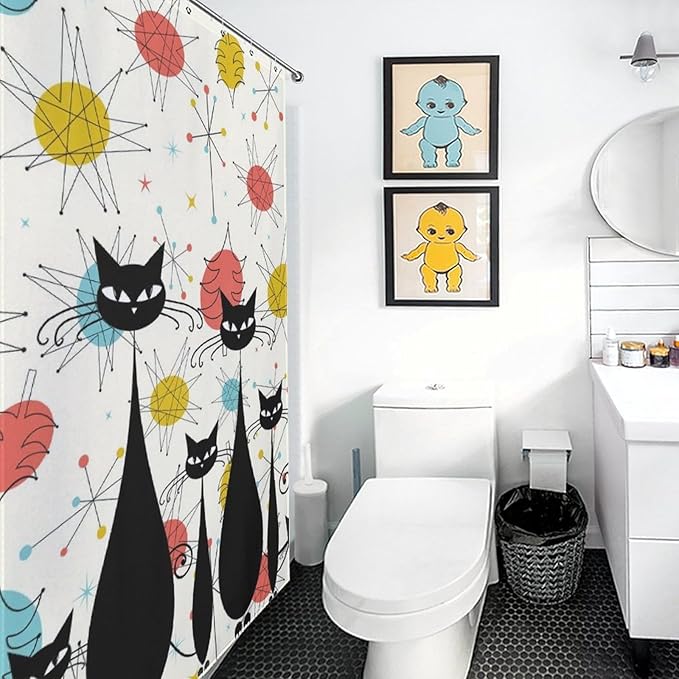 Mid Century Shower Curtain Christmas Tree Atomic Black Cat Aesthetic Patterned Duty Fabric Shower Curtains Set Bathroom Polyester Waterproof with 12 Hooks, 55x72Inch（140x183cm）