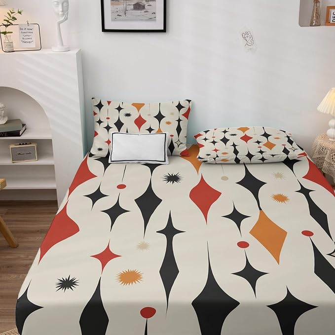 Mid-Century Modern Bed Sheets Full Size, Starburst Abstract Sheet Set, Soft Microfiber Deep Pocket Wrinkle Free Fitted Sheet & Flat Sheet & Pillowcase Sets, Retro Geometric Bedding Sheets - 4 Piece