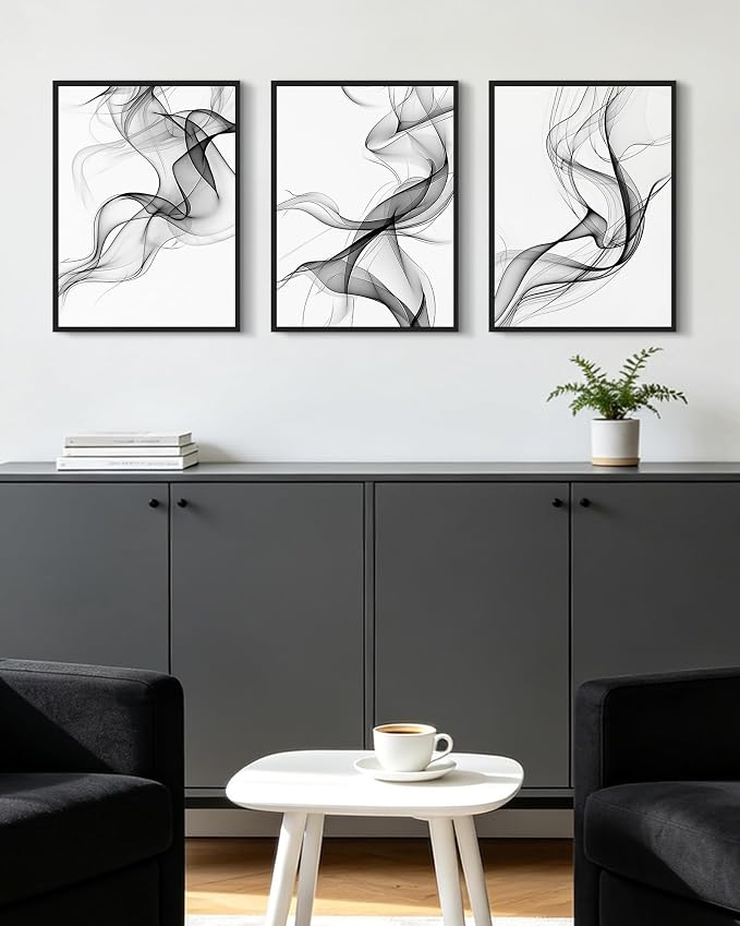 KUVIOKE Black White Abstract Framed Canvas Wall Art Ink Wash Pastel Wall Decor Modern Transparent Fog Illustration Art Painting for Bedroom Dining Room 12x16in (Black Framed)