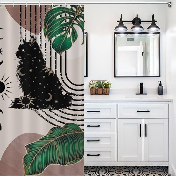 Boho Mid Century Cat Shower Curtain Retro Moon Star Leaves Black Cat Geometric 70s Vintage Waterproof Shower Curtains for Bathroom Decor 12 Pack Hooks 72x72in (183x183cm)