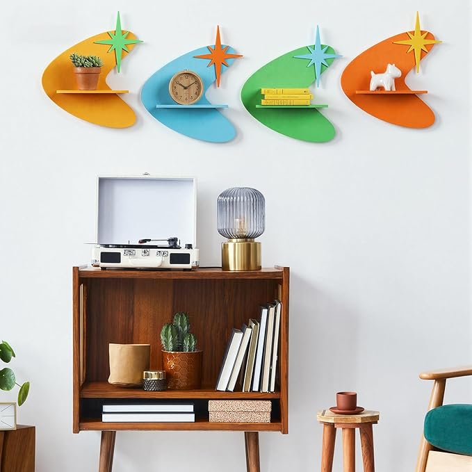 Threehoney Mid-Century Modern Wall Set of 4 Colorful Floating Display Shelves Retro Style Starburst Wall Mounted Shelves Storage for Bedroom, Living Room Decor(Star-Shaped Burst)