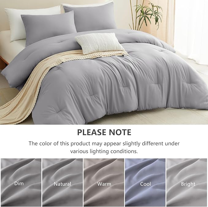 CozyLux Full Size Comforter Set Grey, 3 Pieces Lightweight Down Alternative Quilted Bedding Sets, Gray All Season Soft Breathable Solid Comforter with 2 Pillowcases, Luxury Bed Set Gift for Home