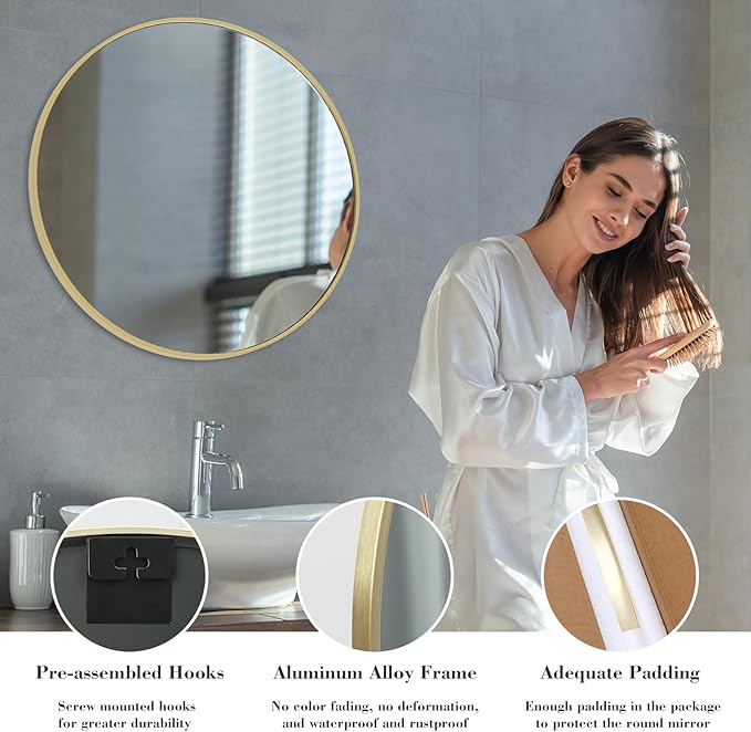 NEWBULIG Round Bathroom Mirror for Over Sink, 28 Inch Wall Mount Vanity Circle Mirror with Matte Metal Framed, Decor for Bathroom, Entryway, Bedroom, Gold