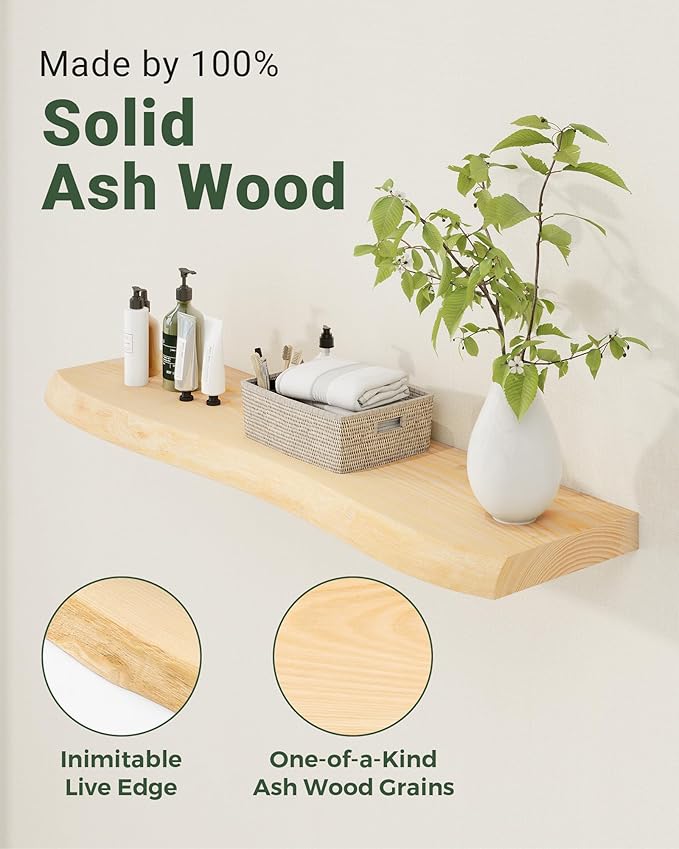 Axeman 24" Solid Wood Floating Shelves for Wall Decor, USA-Sourced Rustic Ash Wood Live Edge Shelf with Upgraded Heavy Invisible Bracket, Wall Mounted Shelf for Kitchen Bathroom Living Room, Natural