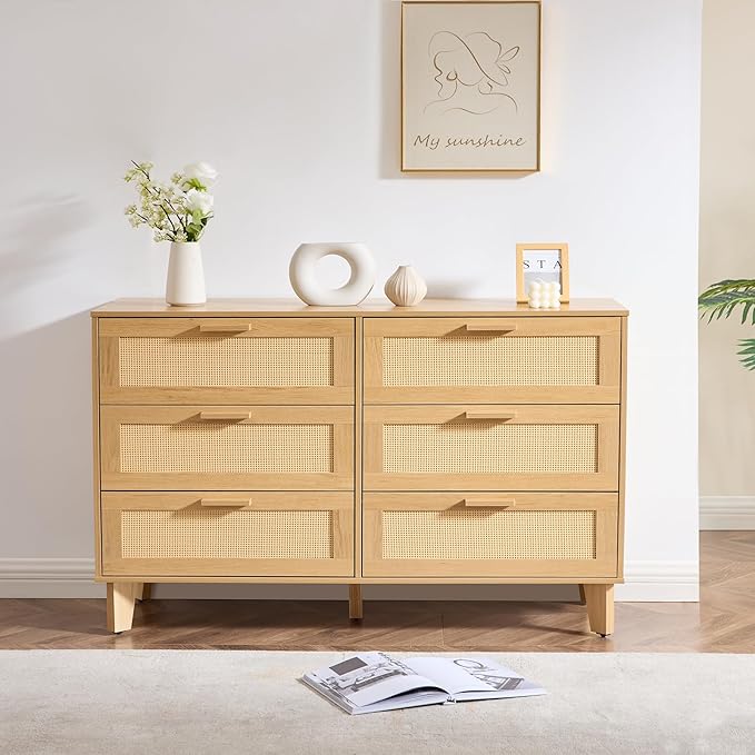 Dresser for Bedroom with 6 Drawers – Wide Chest of Drawers with Pulls Handles, Solid Wood Legs, Easy Assembly, Farmhouse Tall Dressers for Closet, Living Room,Hallway and Entryway oak1