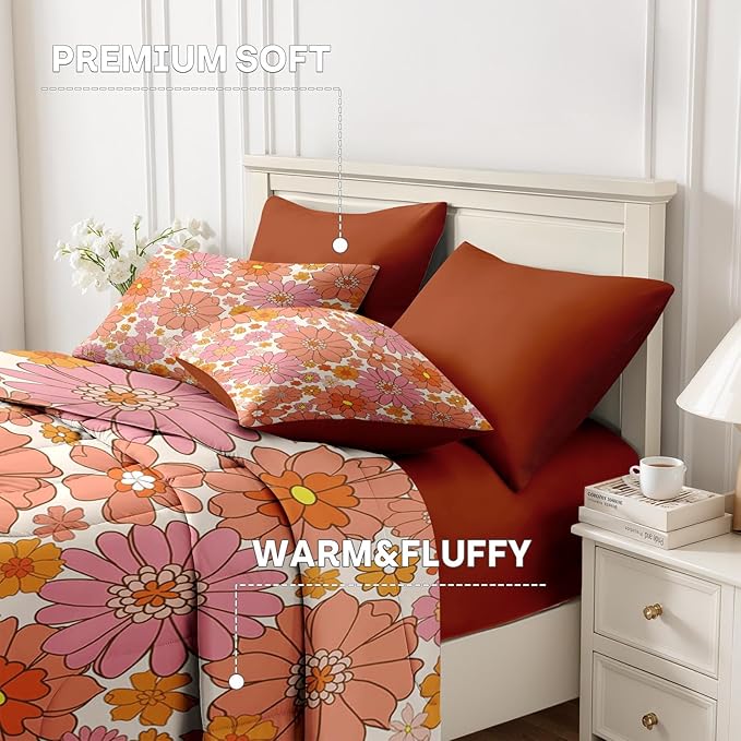 Nesker 7 Pcs Comforter Set Queen Size, Retro Vintage Pink Bedding Set for Kids and Adults, Orange Floral Flower Sheets Bed Sheet Sets with Fitted Sheet 2 Pillowcases & 2 Shams