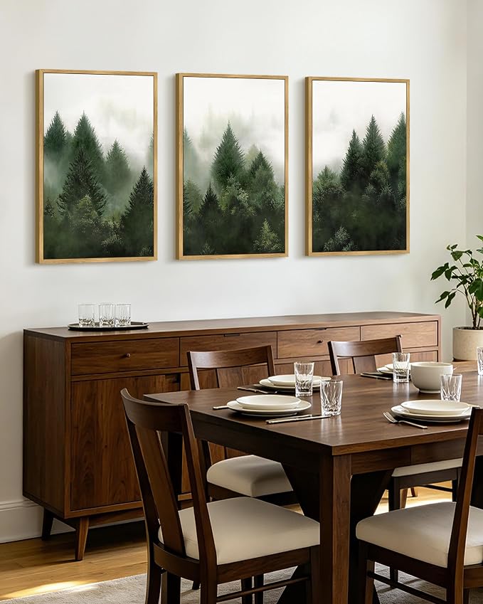 KUVIOKE Morden Green Fog Pine Tree Framed Canvas Wall Art Nature Nordic Forests Artwork Painting Bedroom Decor 16x24in (Natural Framed)
