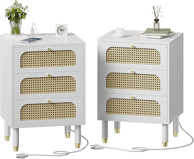 VINGLI Rattan Nightstand with Charging Station, 27" Tall White Nightstand with 3 Drawers for Bedroom, Boho Mid Century Modern Bed Side Table/End Table (White, 2 Pack)