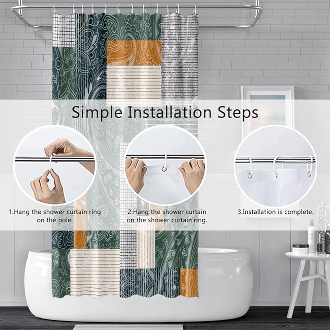 Abstract Boho Shower Curtain Bohemian Paisley Print Modern Geometric Plaid Pattern Shower Curtains for Bathroom Waterproof Fabric Decor Set with Hooks, 36W x 72H Inch