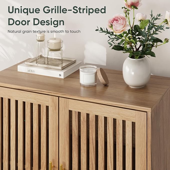 Smart FENDEE Sideboard Cabinet, 31.5" W Farmhouse Buffet Cabinet with Slatted Doors & Adjustable Shelf, Wooden Coffee Bar Storage Station for Kitchen, Dining Room, Living Room, Entryway, Natural