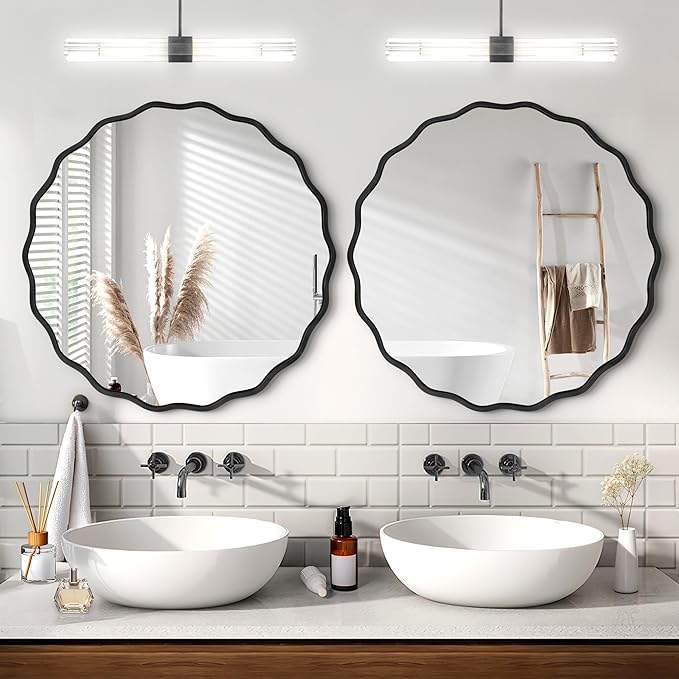 Black Round Mirror for Wall, 24"x24" Decorative Wavy Bathroom Mirror with Brushed Alloy Steel Frame & Shatter-Proof Glass, Hanging Circle Wall Mirrors for Bathroom, Entryway, Bedroom