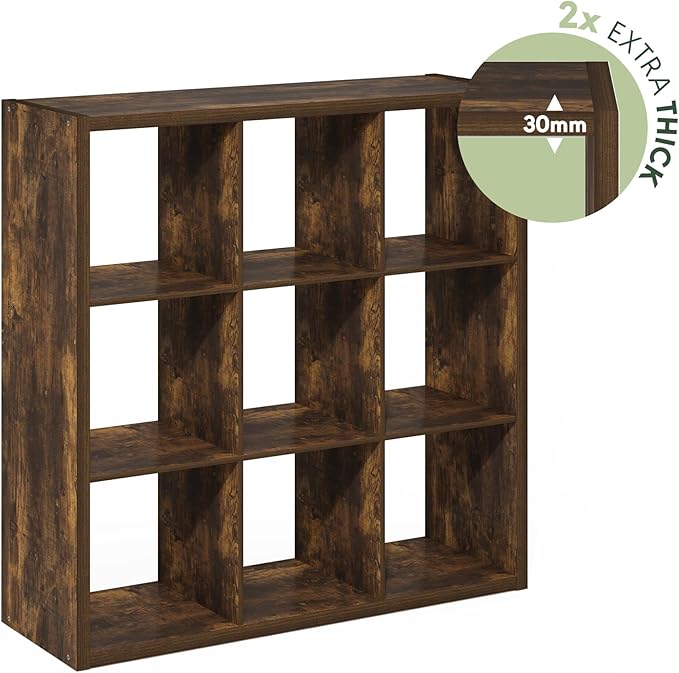 Furinno Cubicle Book Shelf, 9-Cube Bookshelf, Extra Thick Frame Reversible Bookcase with Open Back, 14.6" x 44" x 44", for Living Room, Bedroom, Home Office, Amber Pine