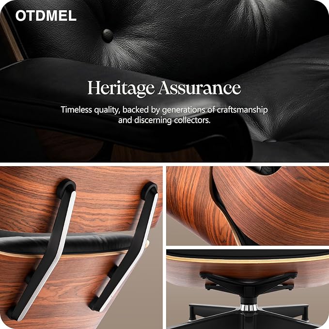 Luxury Top Black Grain Leather Mid Century Chaise Lounge Chair with Ottoman, Premium Handcrafted Rosewood, Ergonomic Modern Accent Chair for Living Room Office