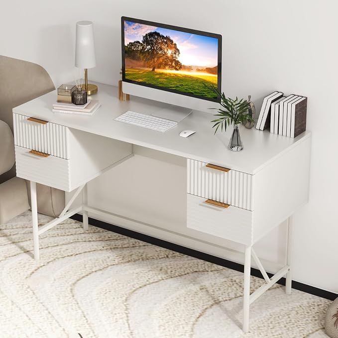 Tangkula White Desk with 4 Drawers, 48 Inch Home Office Desk with Storage, Modern Computer Desk Study Writing Desk with Metal Frame for Bedroom, Study, Office
