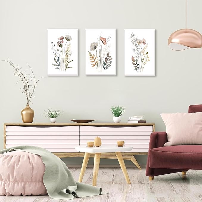 3Pcs Framed 12x16in Boho Flower Wall Art Wildflower Watercolor Canvas Minimalist Colorful Botanical Floral Painting Picture Wall Decor Posters Modern Print Artwork for Living Room Bedroom