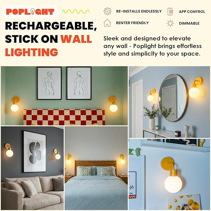 Wireless Wall Sconce (Shark Tank) Rechargeable & Dimmable LED Light w/App Control & Damage-Free Install, Moveable Modern Ambient Lighting for Elegant Home & Bedroom Decor | Marigold