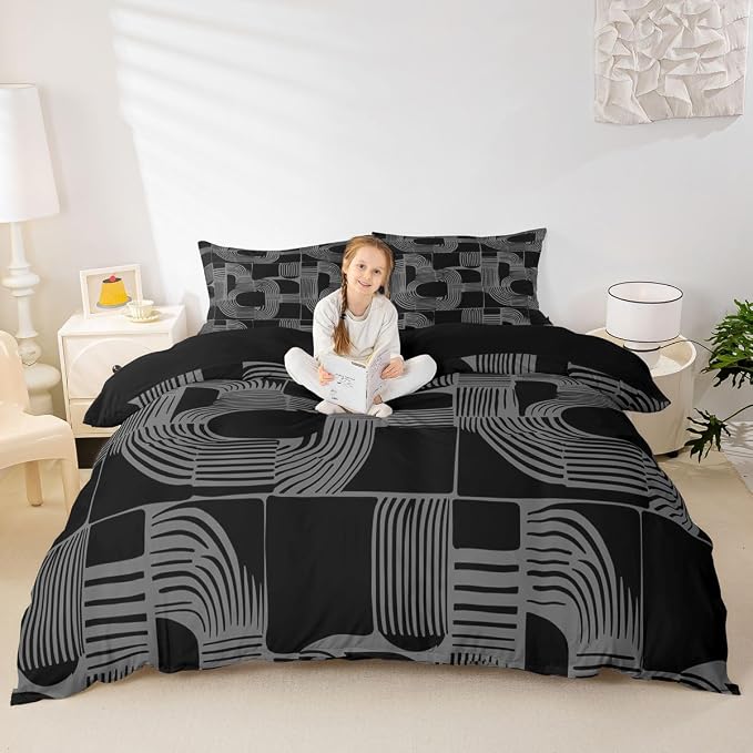 Erosebridal Black And Gray King Bedding Set For Boys Bohemian Geometric Comforter Cover For Kids Teens Youth Adult Mid Century Abstract Duvet Cover Boho Stripes Minimalist Bed Sets With 2 Pillow Cases