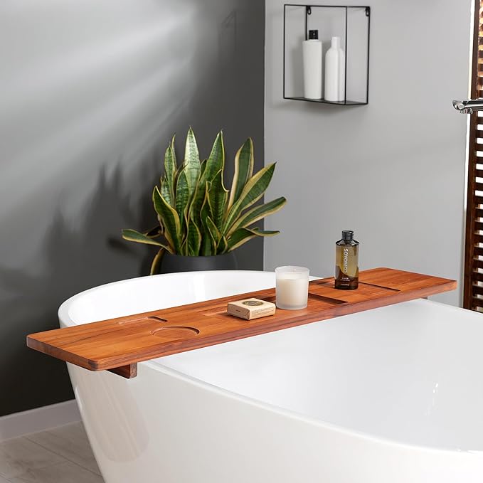Teak Wood Bathtub Tray Caddy, 39 Inch Adjustable Bath Tub Tray for Freestanding Tubs, with Non-Slip Phone & Wine Glass Holder, Book Stand for Relaxing Bath