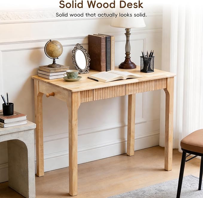 100% Solid Wood Desk with Drawers, Small Home Office Writing Wooden Desk, Vintage Wood Desk for Small Spaces, Bedroom, Work Study Computer Table with Fluted Design and Hooks (Natural)
