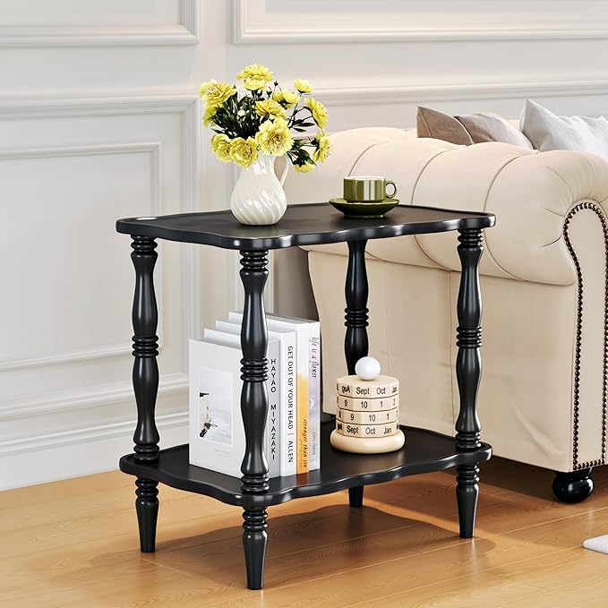 Solid Wood End Table Living Room - 23.6" H Small Narrow Rectangle Wooden End Table for Small Spaces, Dark Real Black Solid Wood Vintage Antique Side Bedside Table Nightstand with 2-Tier Storage