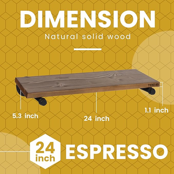 TEN49 Real Wood Rustic Floating Shelves Wall - 24 Wide Small Wooden Industrial Pipe Shelving - Farmhouse Pipe Wall Shelves Furniture Bathroom Decor Art Shelf Kitchen - Dark Espresso Color - Set of 2