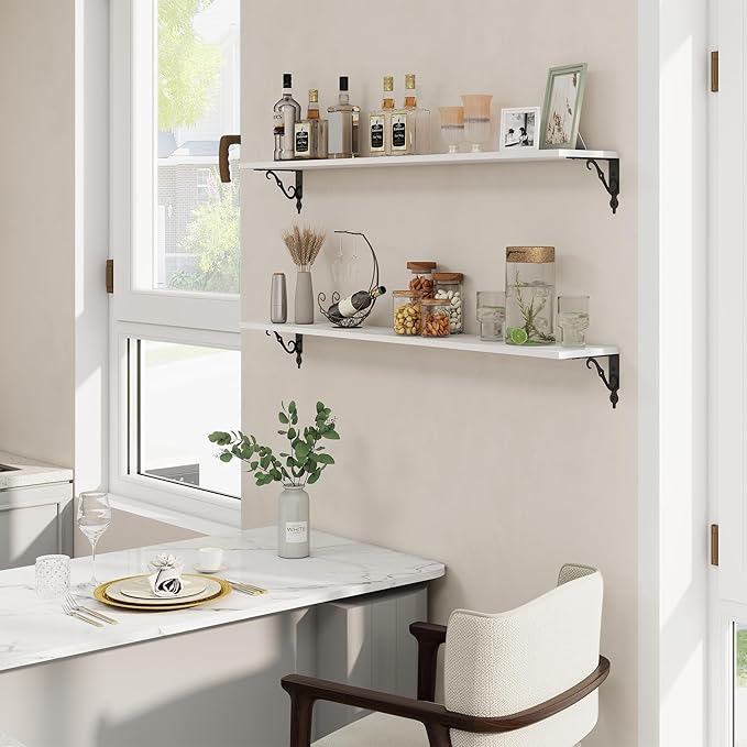 RICHFOCUS Floating Shelves for Wall Decor, 47.3W x 8D Shelves Set of 2, 8 Inch Deep Rustic Wood Shelves Wall Mounted with Brackets, Long Floating Shelves for Living Room Bedroom Kitchen, White