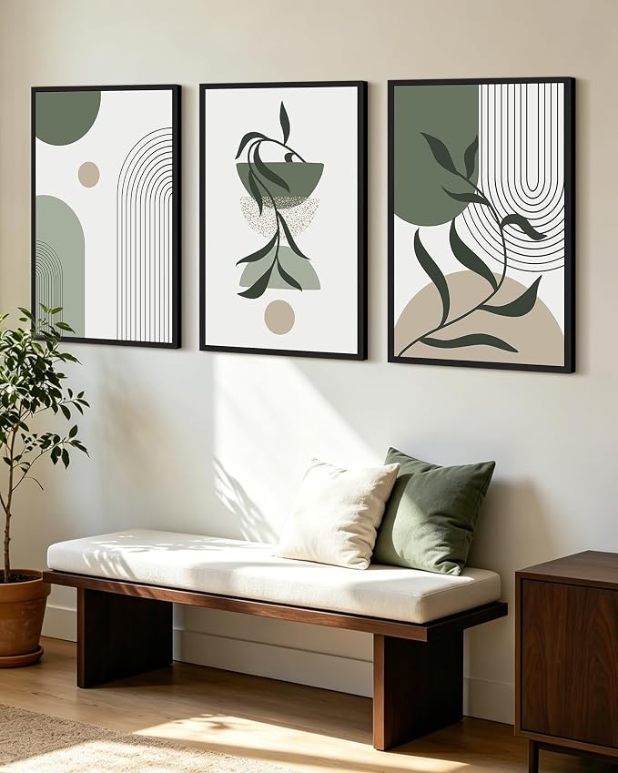 KUVIOKE Boho Wall Art Framed Botanical Modern Plants Wall Printing Green Neutral Abstract Geometric Prints Bohemain Sage Decor for Farmhouse Living Dining Room 24x36in (Black Framed)