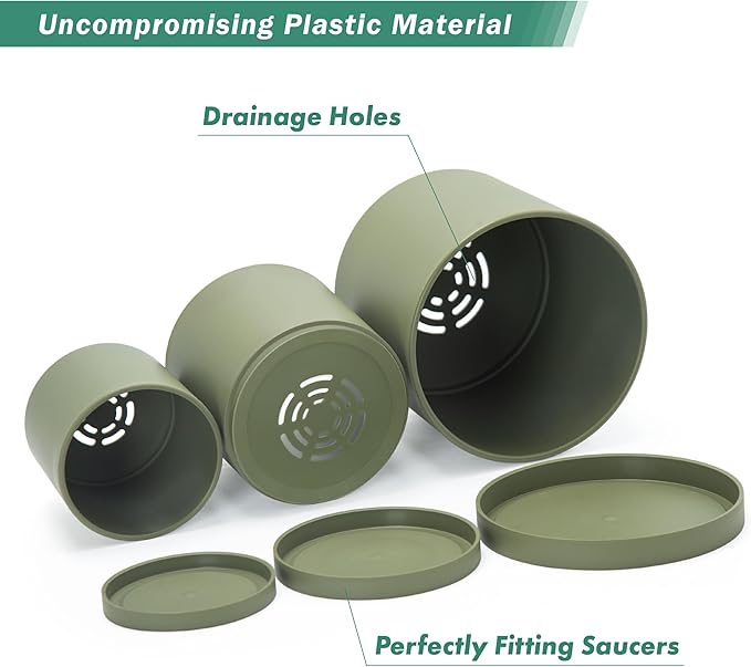 D'vine Dev 6 Inch 6.5 Inch 8 Inch, Set of 3 Plastic Planter Pots for Plants with Drainage Hole and Seamless Saucers, Olive, Medium, 74-V-I-3