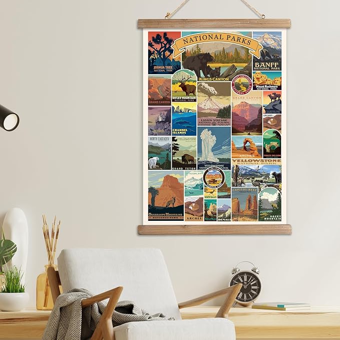 Comprehensive National Parks Display: Poster highlights a collection of USA national parks; each represented by a unique and colorful illustration capturing the essence of the park's landscapes and landmarks