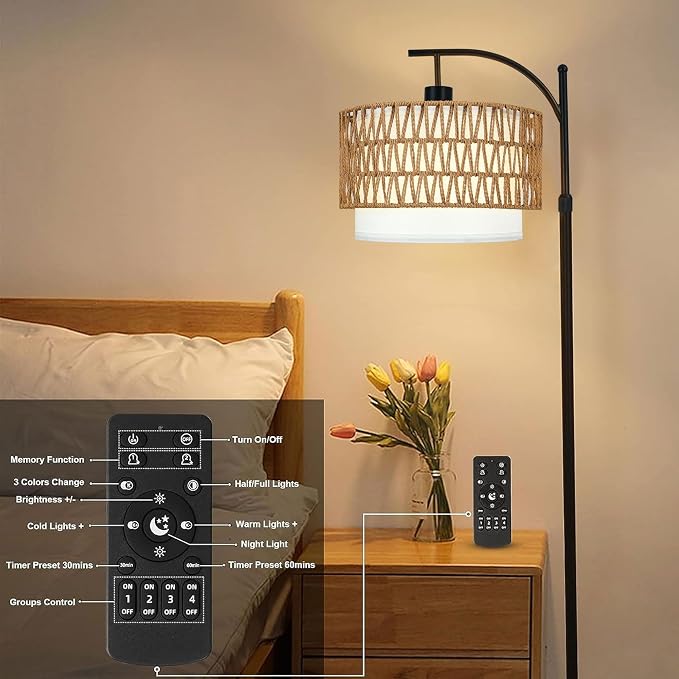 ZECOXOL Arc Floor Lamp for Living Room Boho Floor Lamps with Remote Control & with 3 Color Temperatures,Rattan Wicker Standing Lamp Dimmable Tall Floor Lamp for Bedroom Living Room Corner