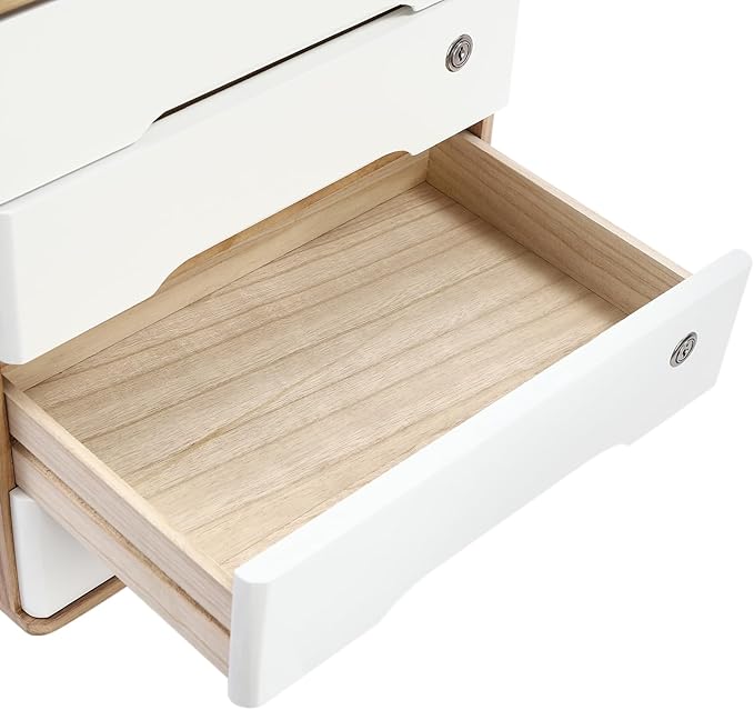 Wooden Desk Organizer with Drawers & Lock Desktop Storage Cabinet Tabletop Organizing Unit for Home Office Supplies File Stationery Jewelry (Light Brown, 4 Tiers)