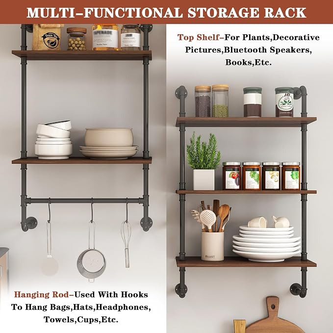 Anwick 3 Tier and 2 Tier Wood Wall Mounted Bookshelf with Metal Frame Wood Hanging Storage Bookcase, Open Storage Rack for Living Room, Home, Office, Bathroom, Bedroom and Plant Flower (Black)