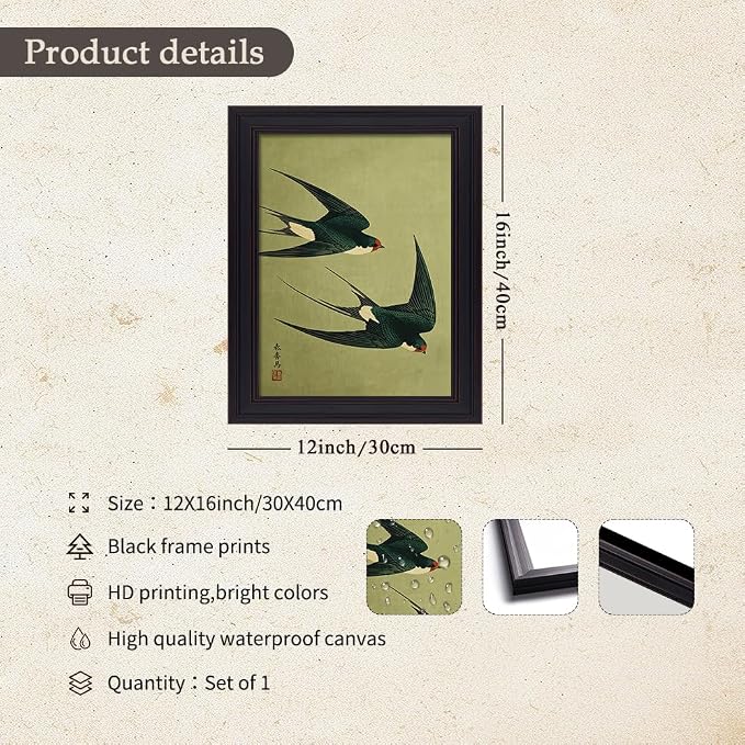 Vintage Framed Japanese Flying Swallow Wall Art Asian Japandi Bird Animal Poster Nature Vintage Green Canvas Prints for Living Room Bedroom Home Decor 12x16 inch