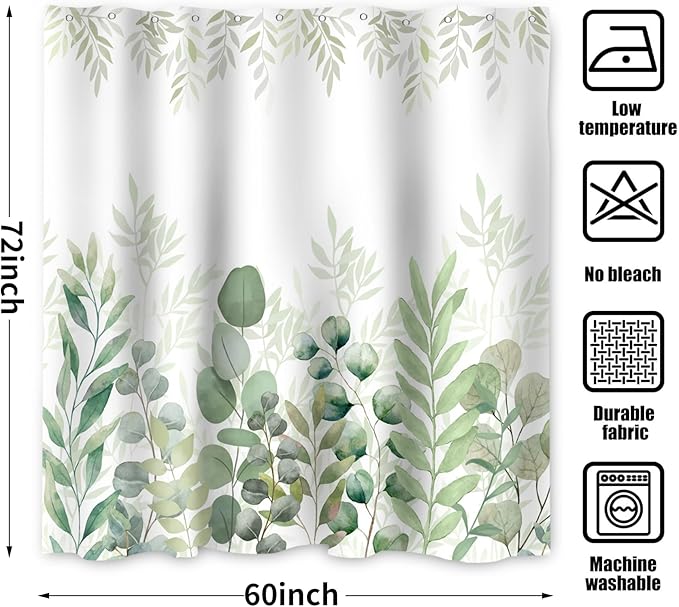 Green Eucalyptus Shower Curtain, Leaf Plant Herbs Spring Nature Waterproof Fabric Machine Washable with Hooks for Bathroom Bathtub Decor 60Wx72H