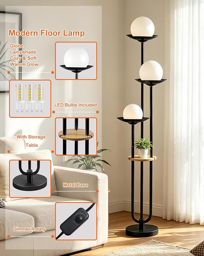 Lightdot 3-Globe Dimmable Floor Lamp with Table Modern Floor Lamps with 5Lbs Heavy Base for Wedding/Party 3000K Warm White Bulbs Included Black Standing Lamp for Living Room/Bedroom/Sofa Beside/Corner