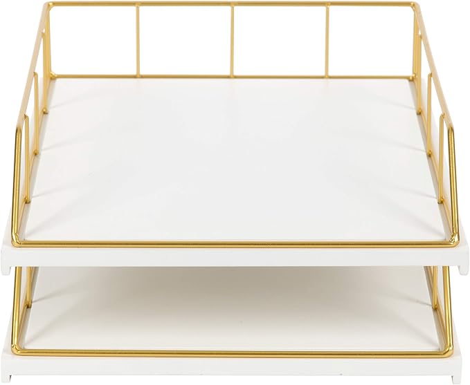 Kate and Laurel Benbrook Stacked Metal and Wood Letter Trays, White and Gold