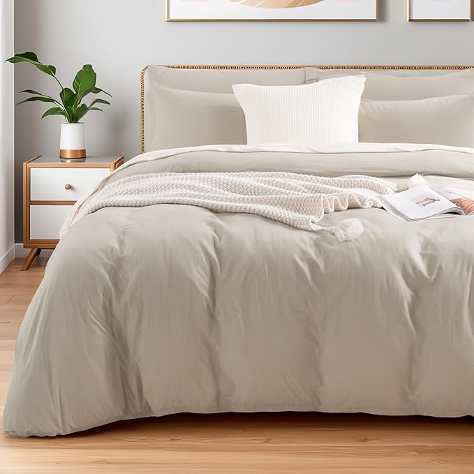 NEXHOME PRO Twin Duvet Cover Set – 100% Certified Organic Cotton with Washed Feel & Linen-Like Texture, Comfortable & Breathable, Home Bedding Set Light Linen (No Comforter)