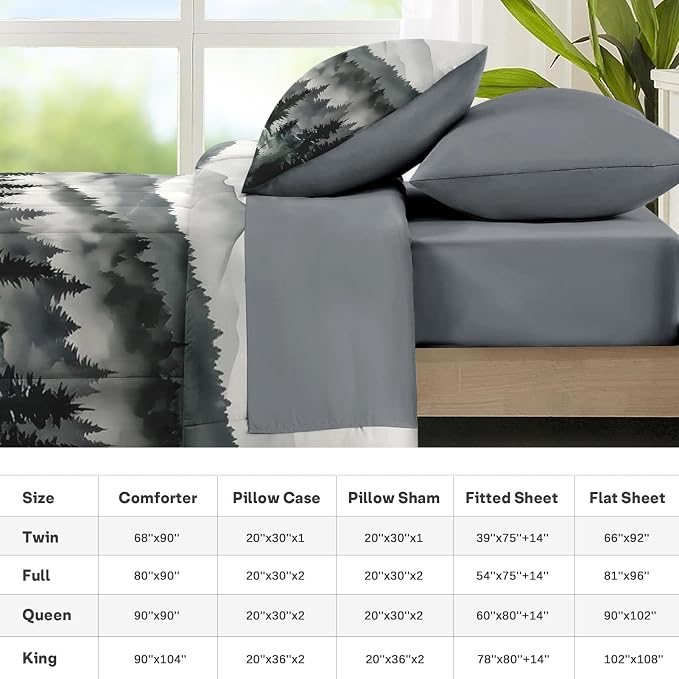 Nesker Comforter Set Twin Size, Ink Forest 5 Pcs Bedding for Kids and Adults, Misty Mountains Bed Sheet Sets with Fitted Sheet Pillowcase & Sham