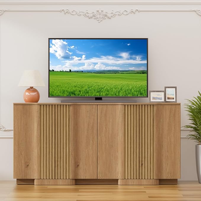 Yechen Buffet Cabinet with Storage, 94.5" Accent Sideboard Modern Credenza Set of 3 with Doors & Adjustable Shelves Fluted Media Console Wood Coffee Bar Table for Living Kitchen Dining Room