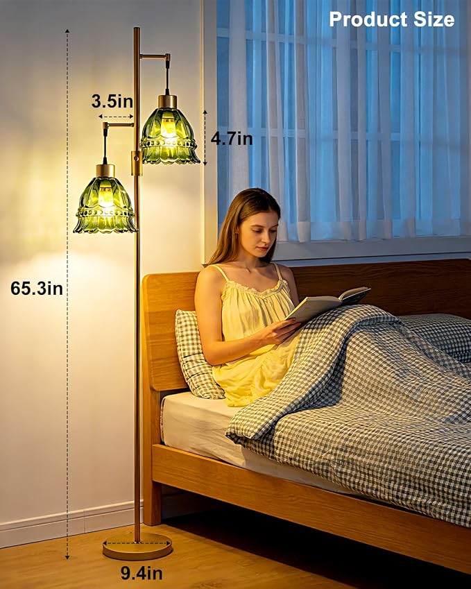 2-Light Modern Glass Floor Lamp, Gold Tall Standing Lamp with Green Lace Glass Shade for Reading, Dimmable LED Floor Lamp with 5Lbs Heavy Base for Living Room Bedroom Home Decor, Bulb Included
