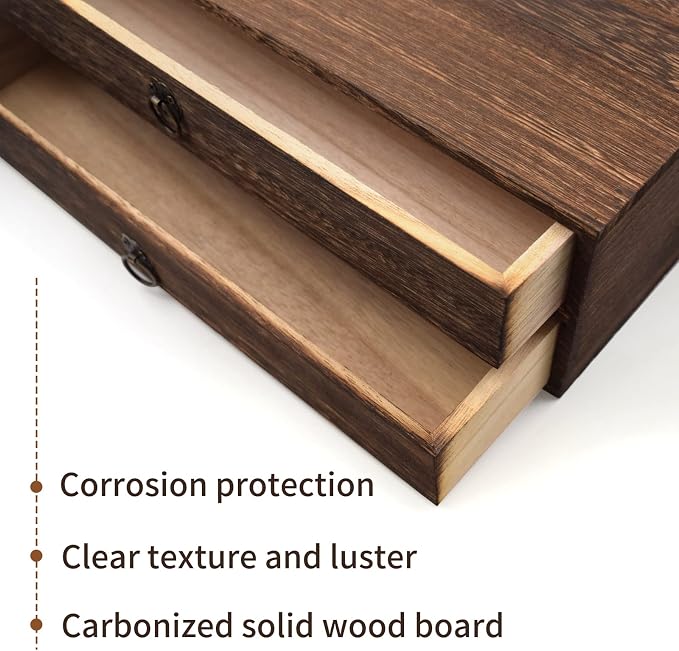 2-Drawer Wooden Desk Organizer Wood Desktop Storage Cabinet A4 File Cabinet Tabletop Storage Box Desk Drawer Organizer Paper Holder Carbonization for Home Office Workspace